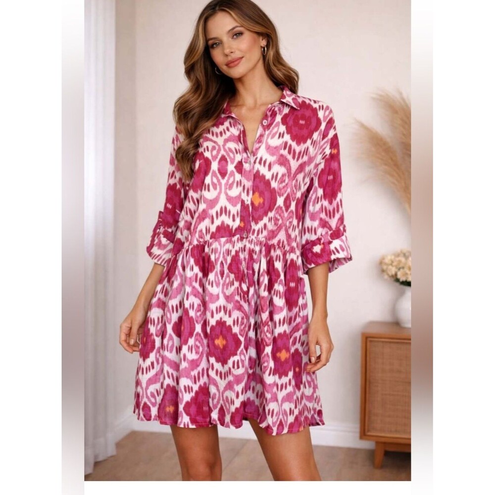Ro's Garden L Magenta June Button Up Dress